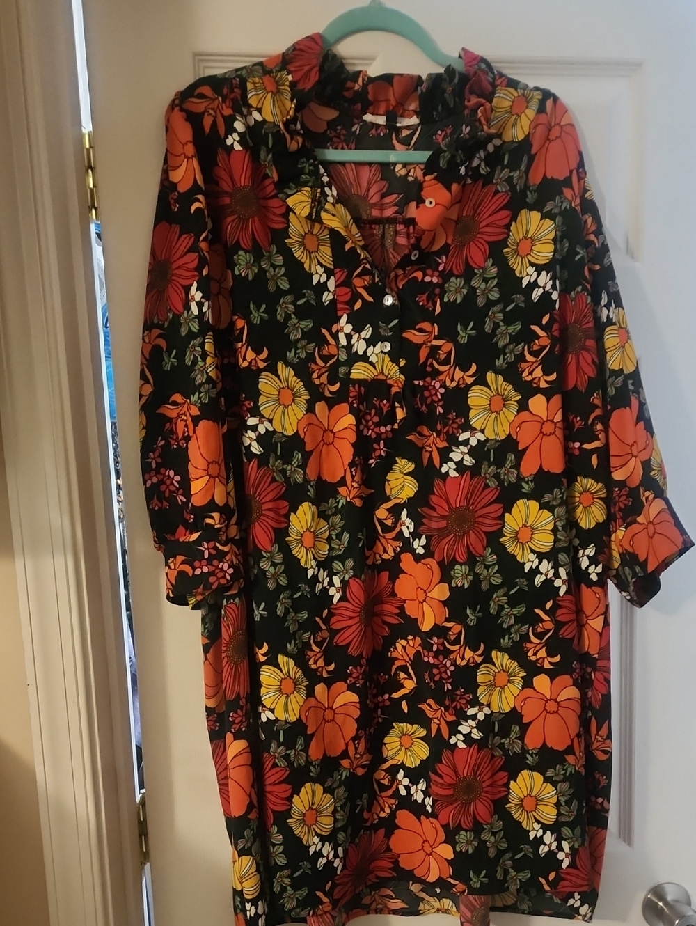 Black Floral Ruffle-Trim Long Sleeve Shift Dress - Orange & Yellow Blooms